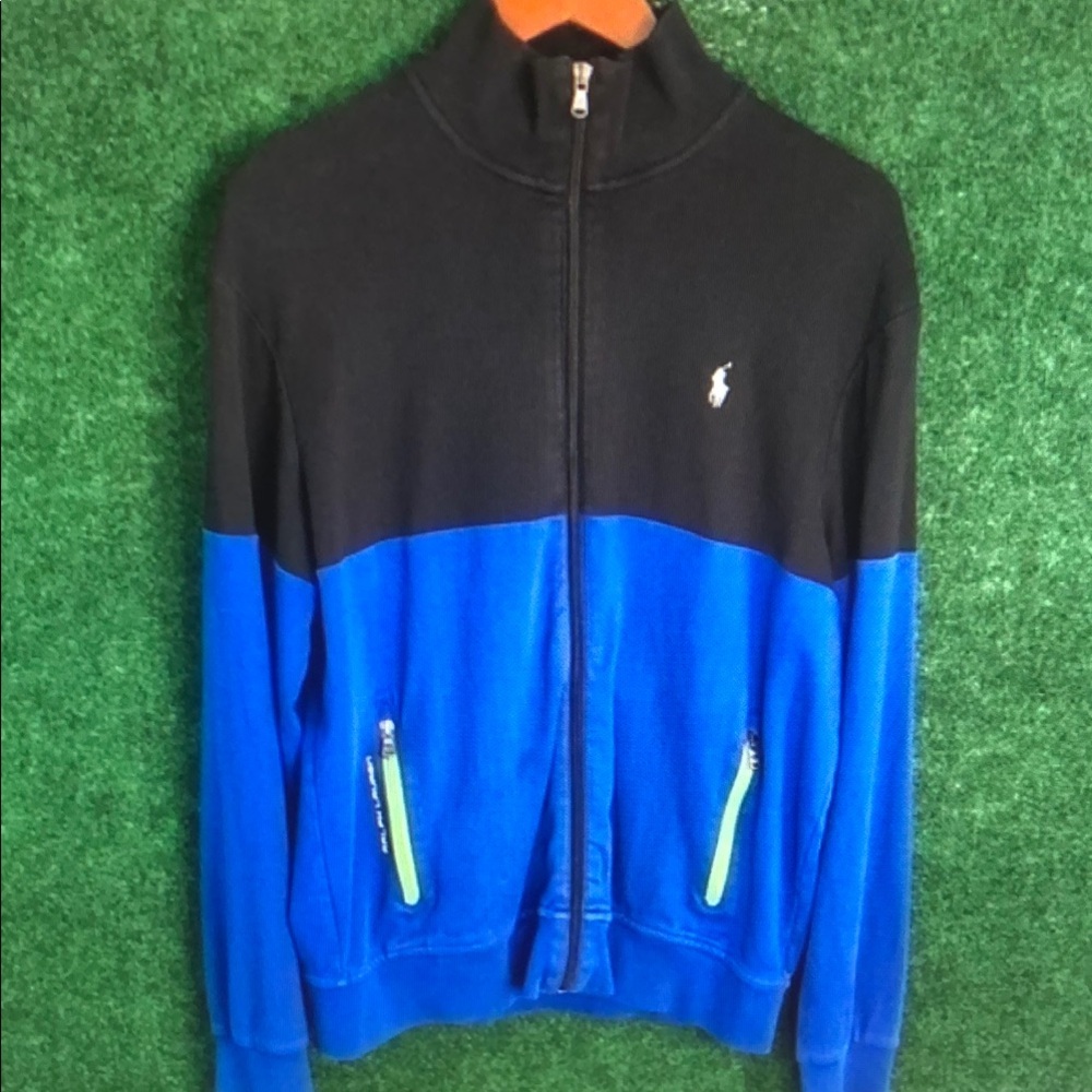 Mens Polo by Ralph Lauren full zip athletic jacket (Size Large/ Black & Blue)